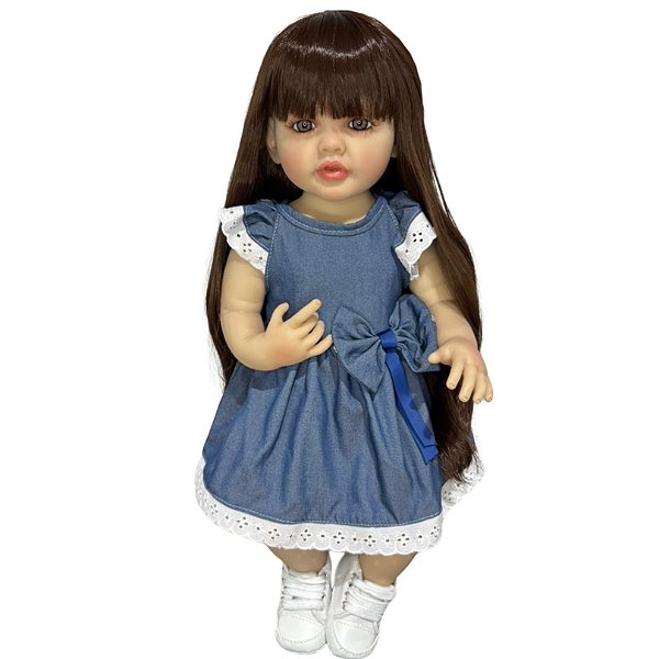 Boneca Bebe Reborn Corpo de Silicone Aurora com Vestido Azul - 55cm