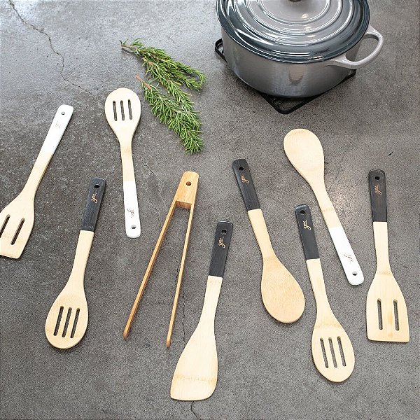 Kit de Utensílios em Bambu Com Cabo Preto 4 Peças - YOI