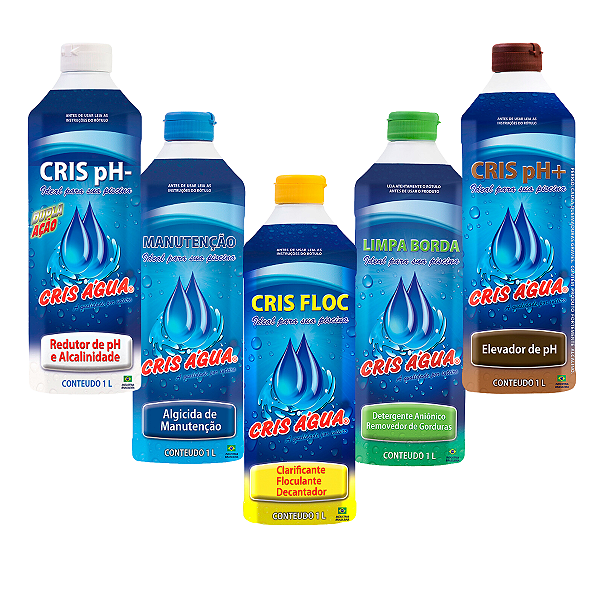 Kit Limpeza 1 Algicida de Manutenção + 1 Clarificante + 1 Limpa Borda + 1 Elevador de pH + 1 Redutor de pH Cris Água 1 litro