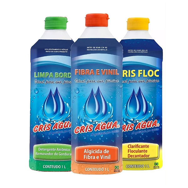 Kit Limpeza Piscina de Vinil 1 Algicida Fibra e Vinil + 1 Clarificante Crisfloc + 1 Limpa Borda Cris Água 1 litro