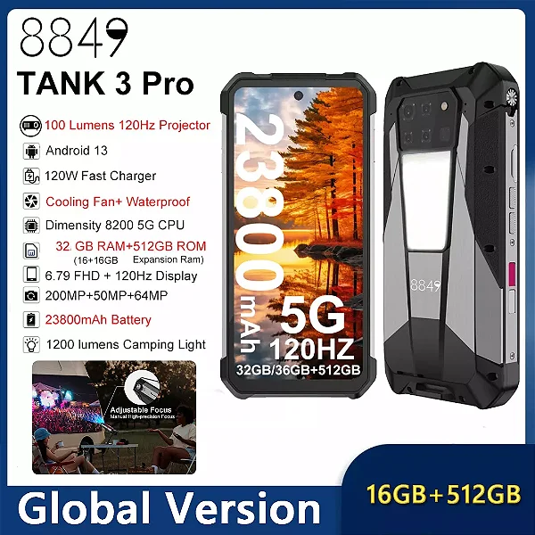 Celular Unihertz 8849 Tank 3 Pro Projetor 5G C/32GB+512GB NFC-Lacrado
