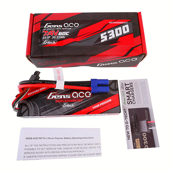 Bateria Gens Ace Lipo 2s 7.4V 5300mAh 60C Hardcase RC Car - Lacrado