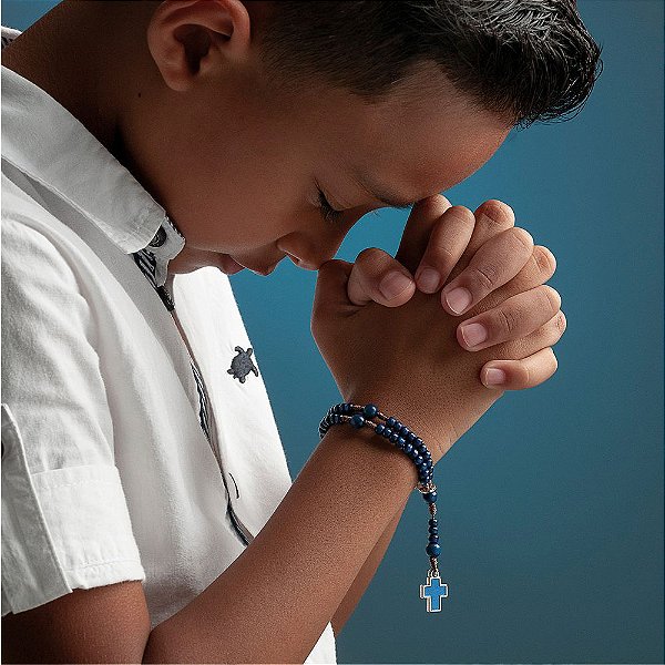 Pulseira Terço Infantil Azul Regulável Cruz Resinada