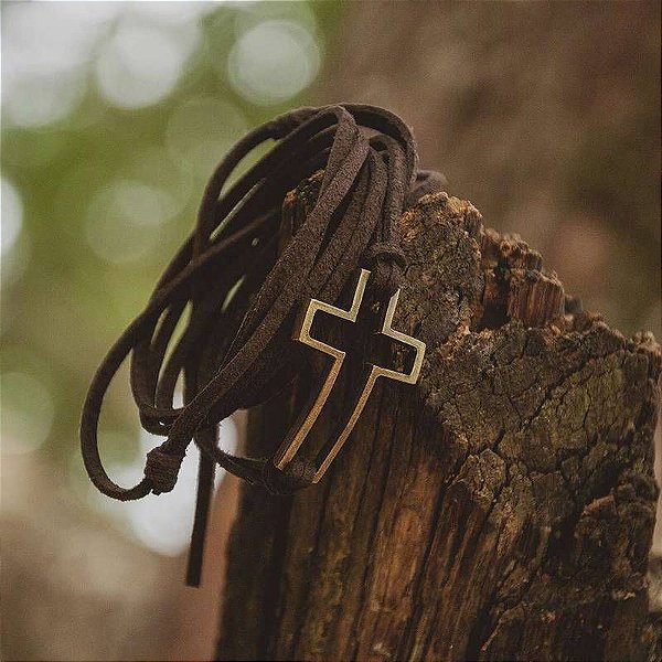Pulseira Jovem Cristão Marrom Cruz Vazada