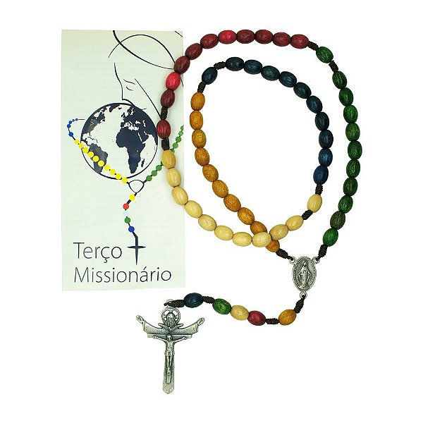 Terço Madeira Missionário Cordão com Folheto 8/10 mm