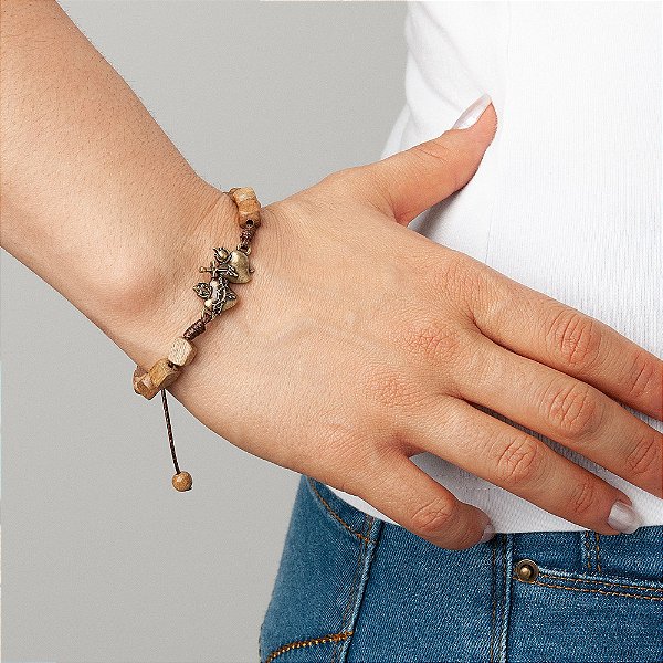 Pulseira Sagrados Corações Regulável Imbuia Conta Quadrada 6 mm