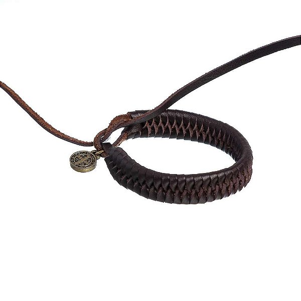 Pulseira Em Couro São Bento Trançado Marrom Escuro