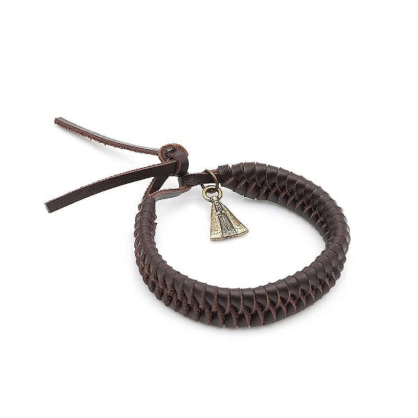 Pulseira Em Couro Nossa Senhora Aparecida Trançada Marrom Escuro