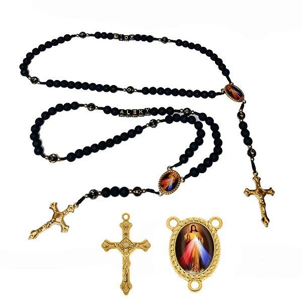 Terço Personalizado Com Nome Preto E Dourado