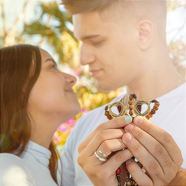 Terço Casal Madeira Coração 8mm Metal Ouro Velho