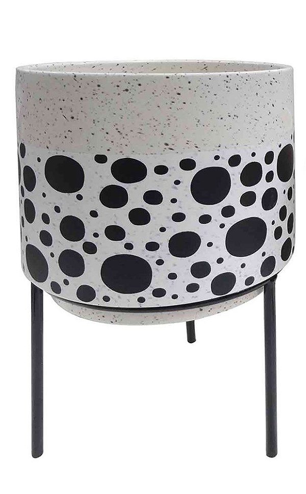 Cachepot Dots Cerâmica com Suporte Metal Preto - G