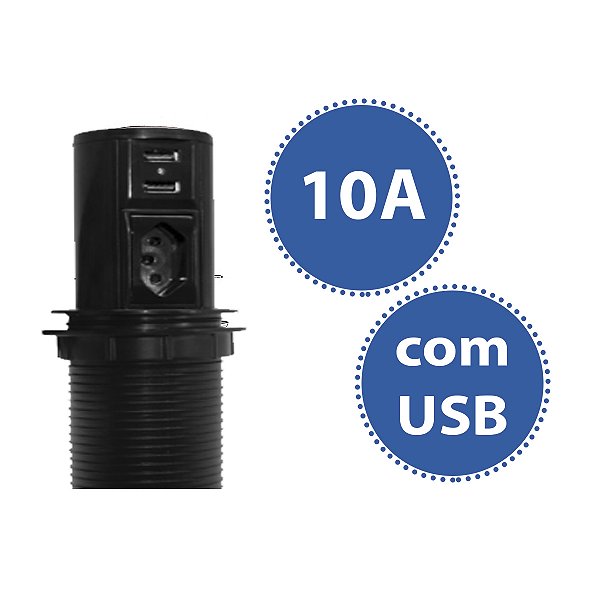 Torre Mini Totem Automática 01 Tomada 10A + 02 USB Preto Dutotec