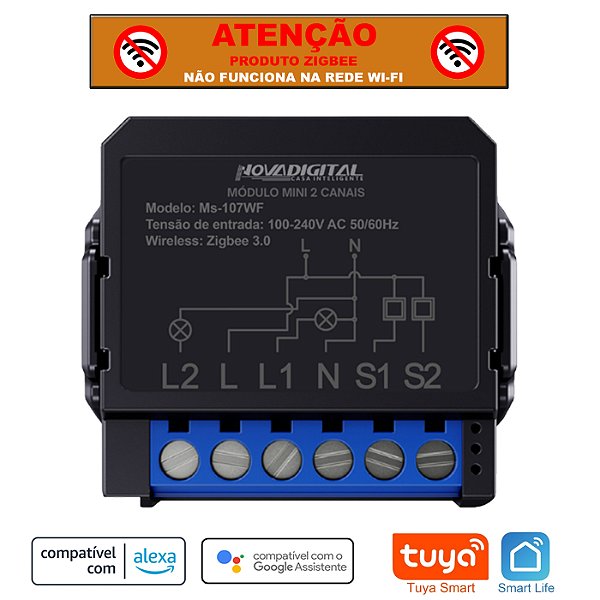 Mini Relé Zigbee de 2 Canais Nova Digital