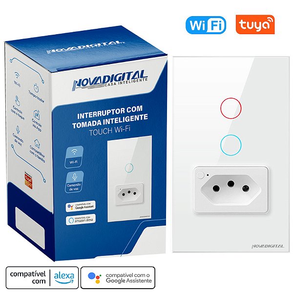 Interruptor Inteligente Wifi com 2 Botões e 1 Tomada Tuya Smart Life