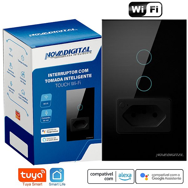 Interruptor Smart Wi-fi Com 2 Botões e 1 Tomada de 20a Tuya Nova Digital