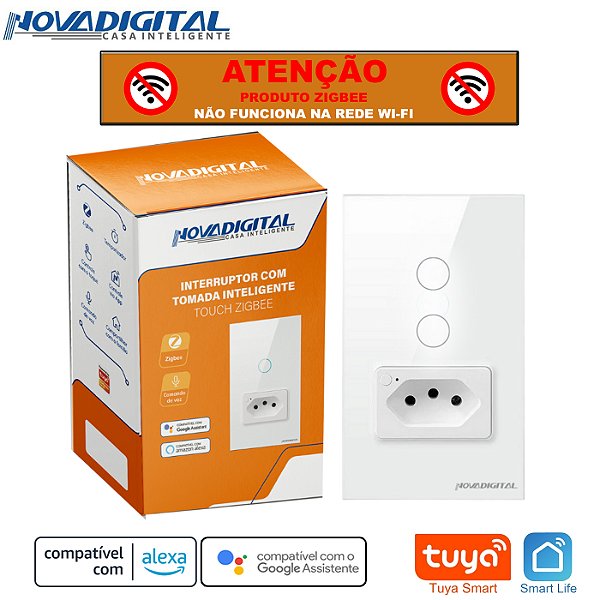 Interruptor Smart Zigbee de 2 Botões e 1 Tomada Nova Digital Tuya