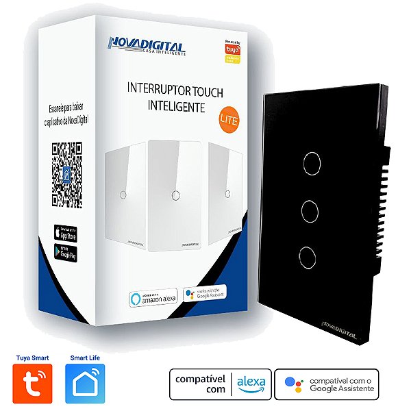 Interruptor Smart Wi-fi Tuya Nova Digital de 3 Botões Preto Padrão 4x2 LT