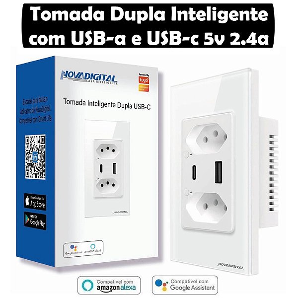 Tomada Inteligente Dupla com 2 Tomadas e 2 USB Tuya Nova Digital