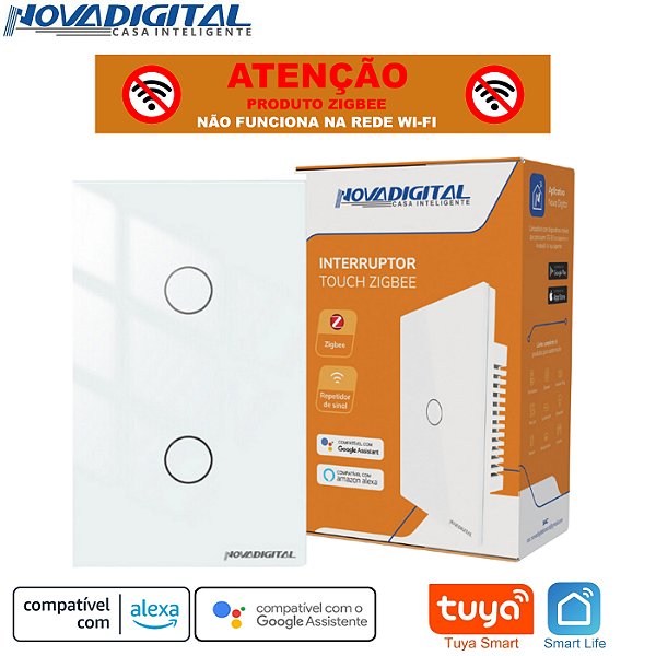 Interruptor Inteligente Zigbee Nova Digital Tuya de 2 Botões Repetidor de Sinal Branco