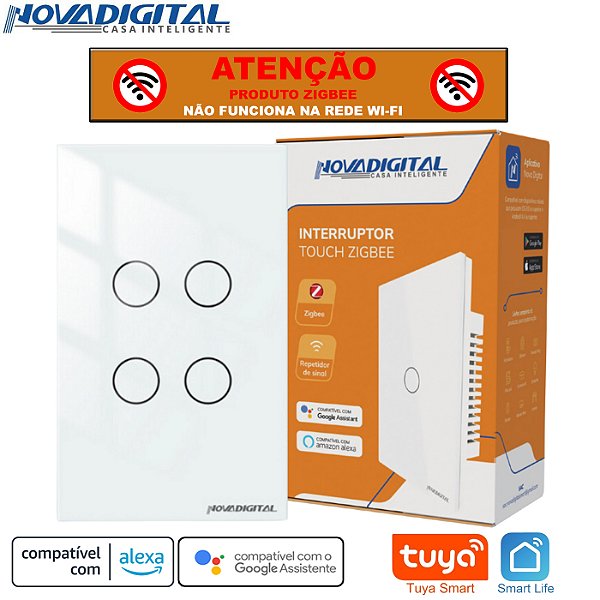 Interruptor Inteligente Zigbee Nova Digital Tuya de 4 Botões Branco