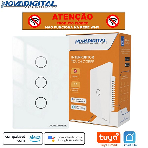 Interruptor Inteligente Smart Zigbee Nova Digital Tuya de 3 Botões Repetidor de Sinal Branco