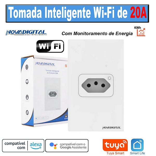 Tomada de embutir 20a Wi-fi com espelho Branco 4x2 Tuya Nova Digital