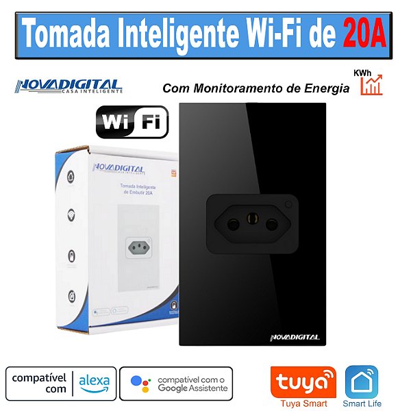Tomada de embutir 20a Wi-fi com espelho Preto 4x2 Tuya Nova Digital