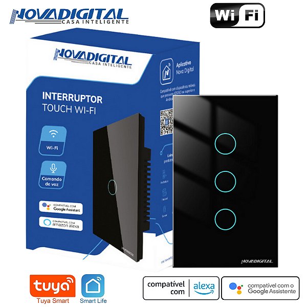 Interruptor Inteligente Smart Wifi Tuya Nova Digital de 3 Botões Preto LT