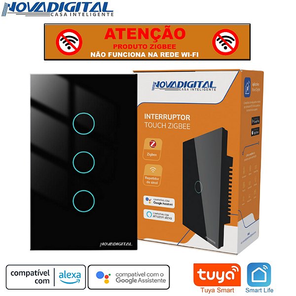 Interruptor Inteligente Zigbee Nova Digital Tuya de 3 Botões Preto