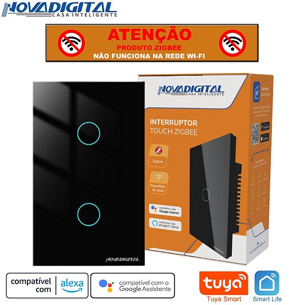 Interruptor Inteligente Zigbee Nova Digital Tuya de 2 Botões Preto