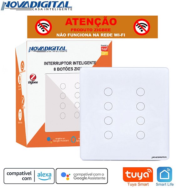 Interruptor Inteligente Zigbee de 8 Botões 4x4 Branco Tuya Nova Digital