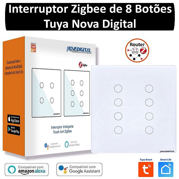 Interruptor Inteligente Zigbee de 8 Botões 4x4 Branco Tuya Nova Digital