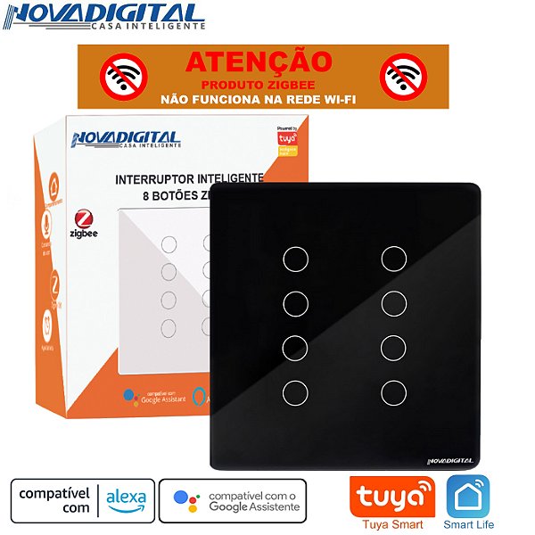 Interruptor Inteligente Zigbee de 8 Botões 4x4 Preto Tuya Nova Digital