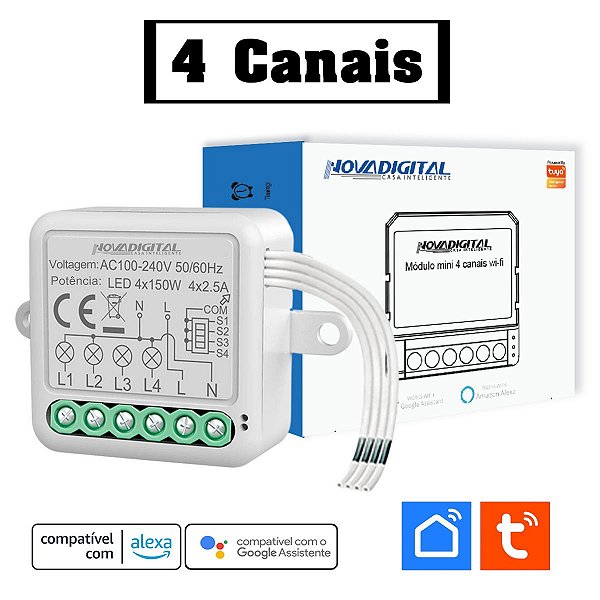 Módulo Mini Relé Wi-Fi de 4 Canais Tuya Nova Digital