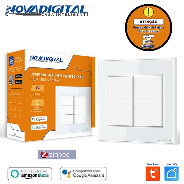 Interruptor Smart Zigbee 4x4 de 4 Botões Físico Repetidor de Sinal Tuya Nova Digital