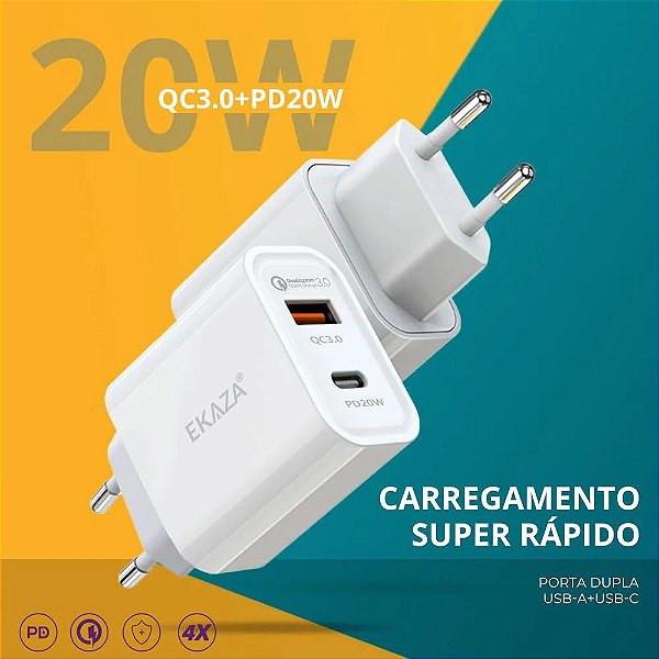 Carregador Turbo Ekaza 20w com USB-a e USB-c QC3.0