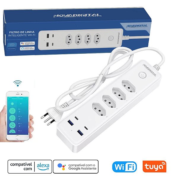 Régua Filtro de Linha Inteligente Wi-fi com 4 Tomadas e 4 Usb Tuya Smart Life