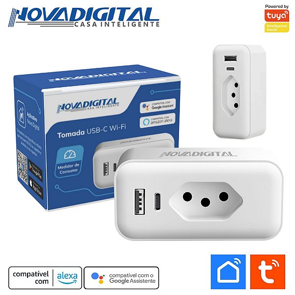 Tomada Inteligente Wifi 16a Usb-c e Usb-c com Monitoramento De Consumo Tuya Nova Digital