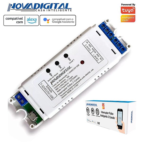 Interruptor De Pulso Wifi + RF433mhz 2 Canais Tuya  Nova Digital