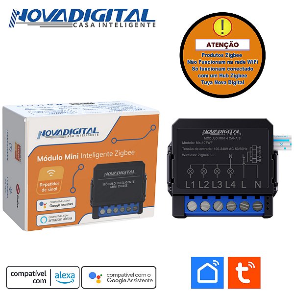 Mini Módulo Relé Zigbee de 4 Canais Tuya Nova Digital