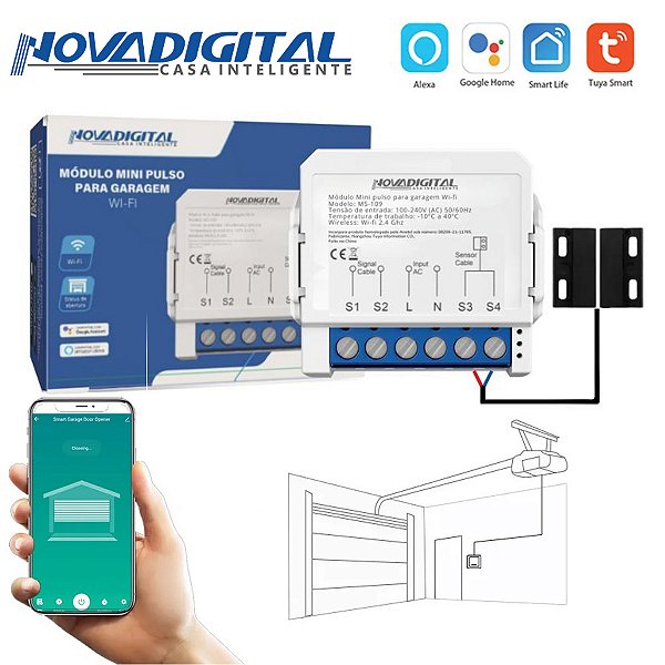 Kit Módulo Wifi Para Portões Eletrônicos e Garagem com Sensor Tuya Nova Digital Smart