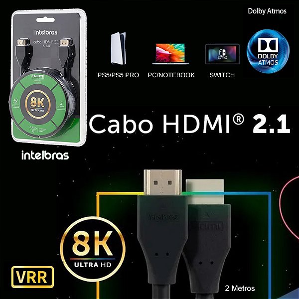 Cabo Hdmi 8k Ultra Hd 2.1 48gb 120Hz Ps5 Xbox Blu-ray Projetor Tv Oled, Qled 2 Metros
