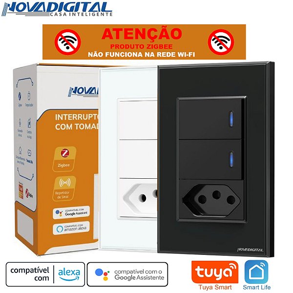 Interruptor Smart Zigbee de 2 Botões com Led e Tomada de 20a Tuya Nova Digital