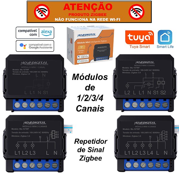 Módulo Relé Mini Smart Zigbee de 1/2/3/4 Canais Tuya Nova Digital Compatível com Alexa e Google Home