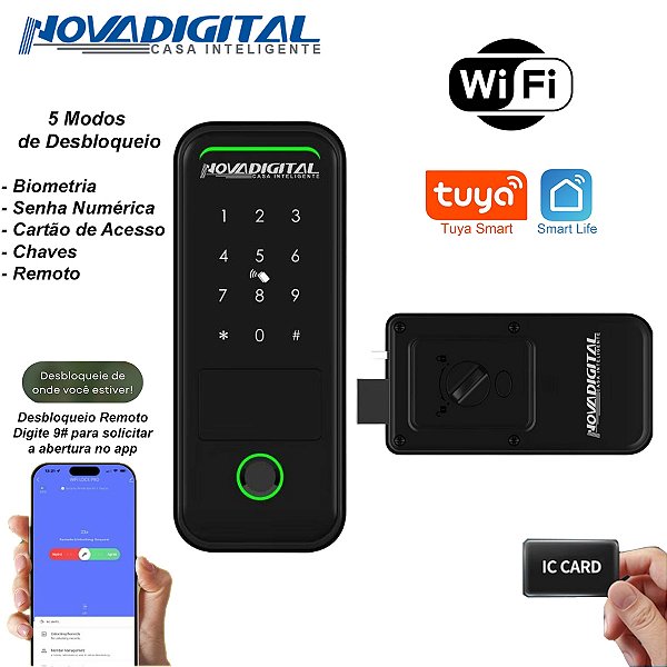 Fechadura Smart Wi-fi de Sobrepor com Biometria Senha e Abertura Remota Tuya Nova Digital
