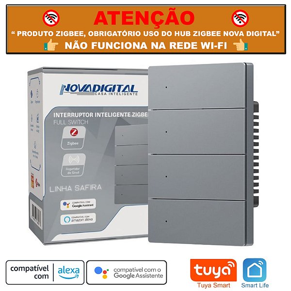 Interruptor Zigbee 4x2 de 4 Teclas Fisícas Linha Safira Tuya Nova Digital