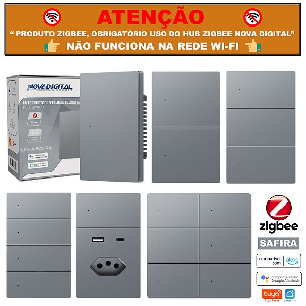 Interruptor Zigbee Linha Safira de Teclas Fisícas Cinza Tuya Nova Digital