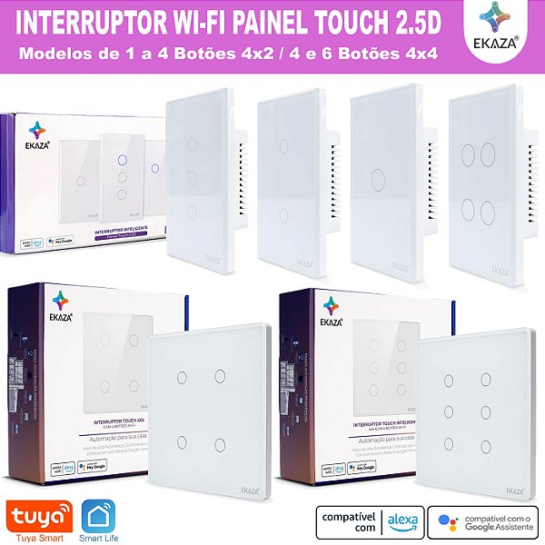 Interruptor Inteligente WIFI Touch 2.5d Tuya Ekaza de 1 a 6 Botões Compatível com Alexa Google Home