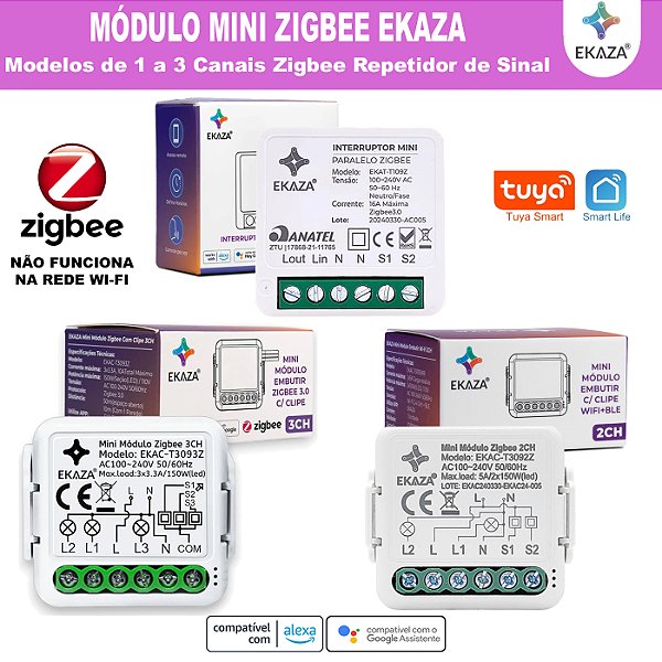 Módulo Mini Relé Zigbee de 1 / 2 / 3 Canais Tuya Ekaza Compatível com Alexa e Google Home