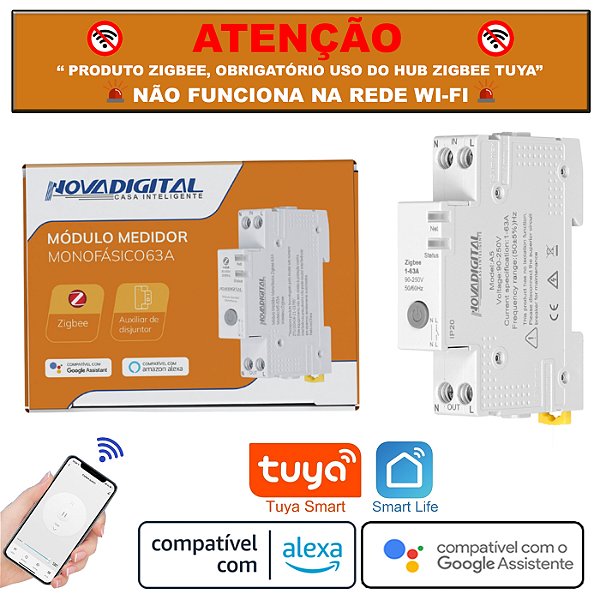 Módulo Disjuntor Medidor de Consumo De Energia Monofásico 63a Zigbee Tuya Nova Digital